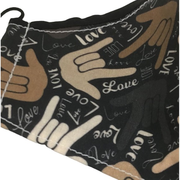 Face Mask Fabric Adult Size ASL I Love You ILY Hand Sign Deaf Black Brown NEW - Picture 2 of 4